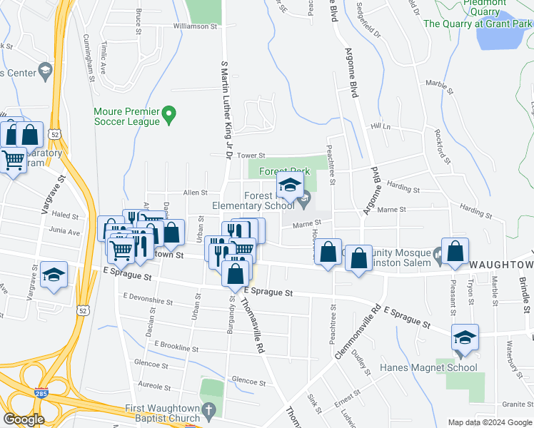 map of restaurants, bars, coffee shops, grocery stores, and more near 1918 Bertha Street in Winston-Salem