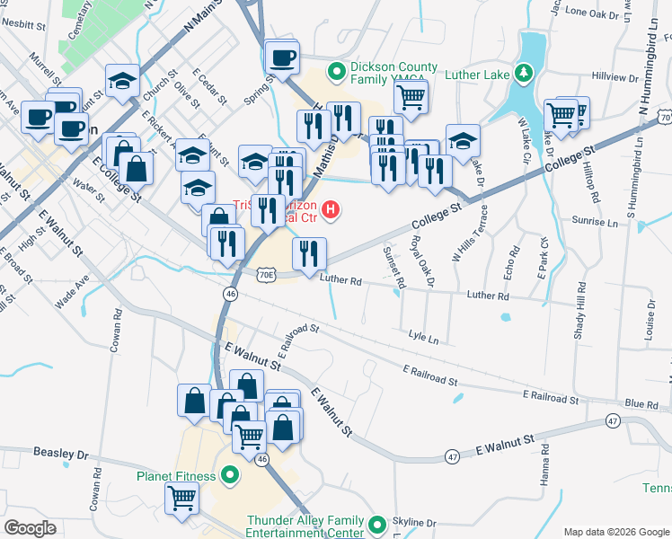 map of restaurants, bars, coffee shops, grocery stores, and more near 108 U.S.70 in Dickson