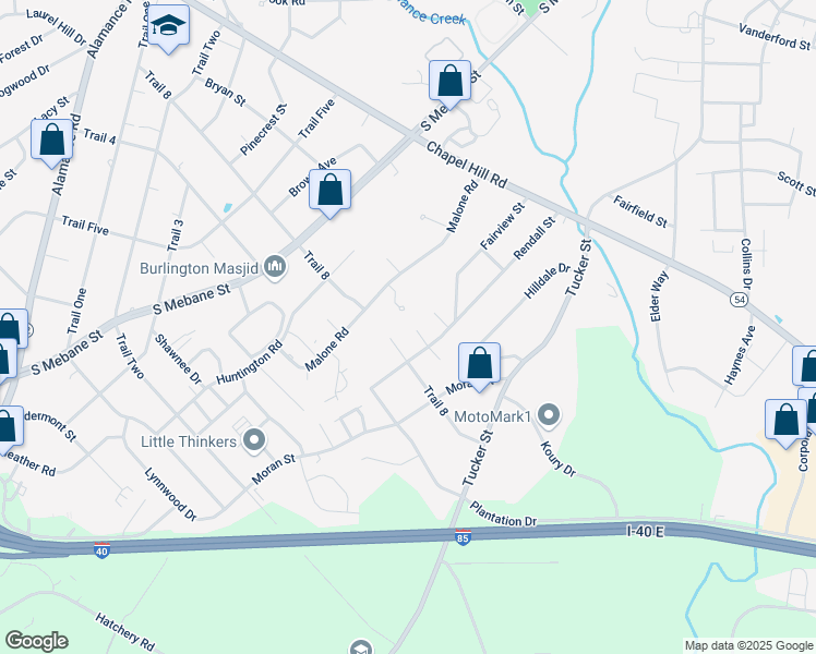 map of restaurants, bars, coffee shops, grocery stores, and more near 1916 Malone Road in Burlington