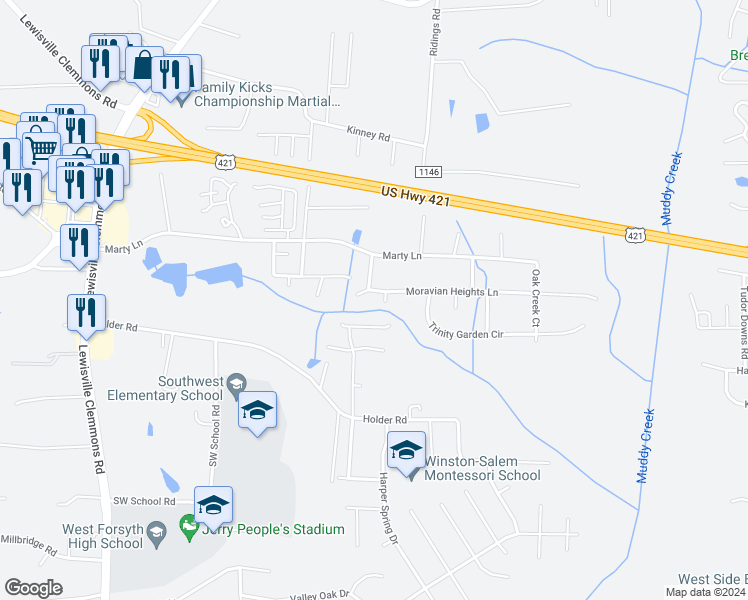 map of restaurants, bars, coffee shops, grocery stores, and more near 5553 Moravian Heights Lane in Clemmons