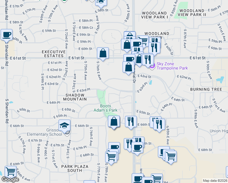 map of restaurants, bars, coffee shops, grocery stores, and more near 7633 East 63rd Place in Tulsa