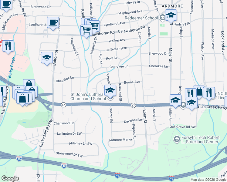 map of restaurants, bars, coffee shops, grocery stores, and more near 2451 Boone Avenue in Winston-Salem