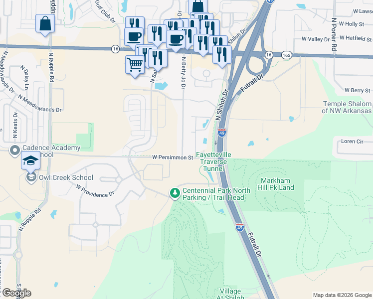 map of restaurants, bars, coffee shops, grocery stores, and more near 546 North Betty Jo Drive in Fayetteville