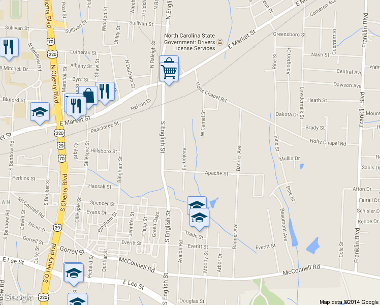 map of restaurants, bars, coffee shops, grocery stores, and more near 307 Avalon Road in Greensboro