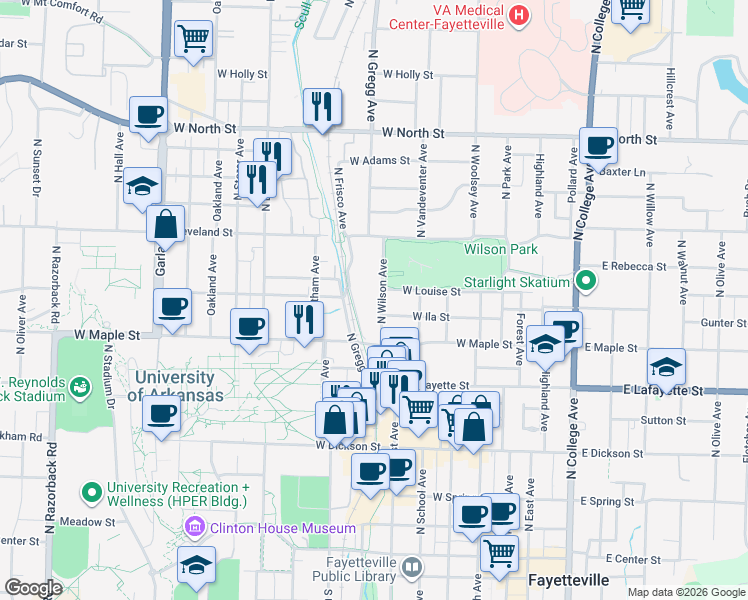 map of restaurants, bars, coffee shops, grocery stores, and more near 608 North Frisco Avenue in Fayetteville