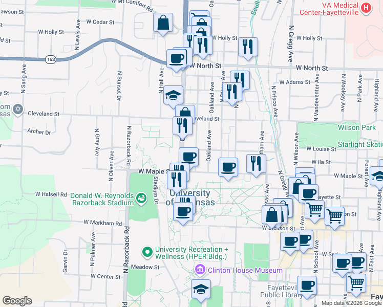 map of restaurants, bars, coffee shops, grocery stores, and more near 525 North Lindell Avenue in Fayetteville