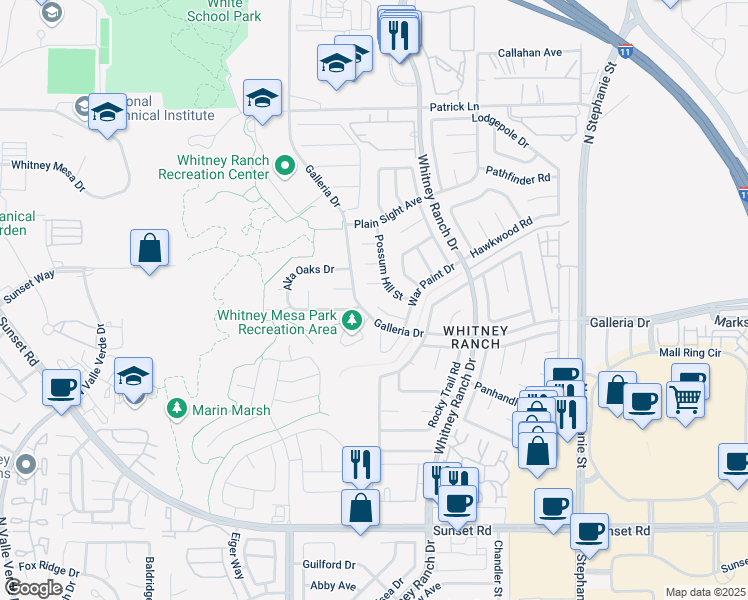 map of restaurants, bars, coffee shops, grocery stores, and more near 1533 Pony Ranch Circle in Henderson