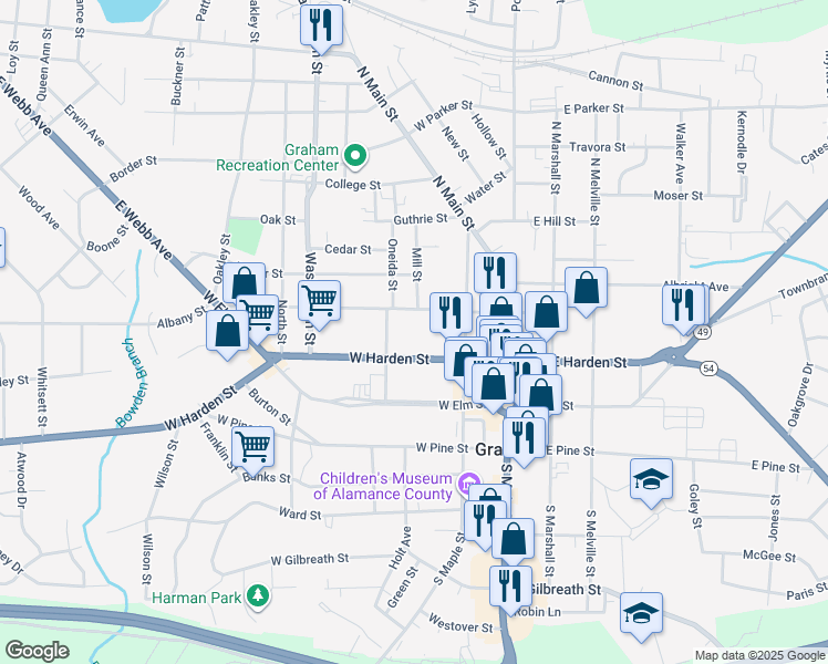map of restaurants, bars, coffee shops, grocery stores, and more near 216 West Market Street in Graham