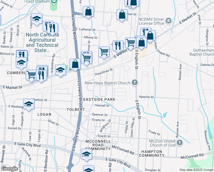 map of restaurants, bars, coffee shops, grocery stores, and more near 220 Gant Street in Greensboro