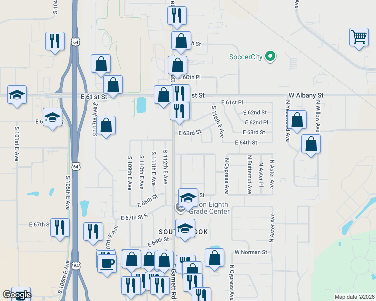 map of restaurants, bars, coffee shops, grocery stores, and more near 6311 South Garnett Road in Broken Arrow
