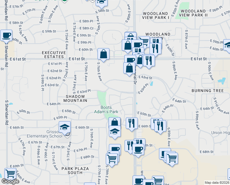 map of restaurants, bars, coffee shops, grocery stores, and more near 7633 East 63rd Place in Tulsa