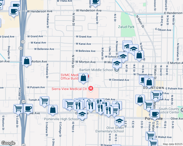 map of restaurants, bars, coffee shops, grocery stores, and more near 310 Pearson Drive in Porterville