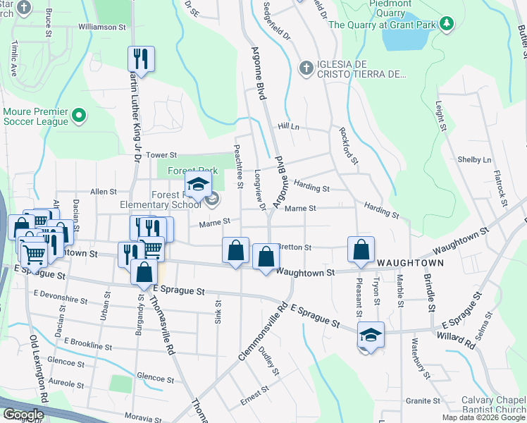 map of restaurants, bars, coffee shops, grocery stores, and more near 1743 Longview Drive in Winston-Salem
