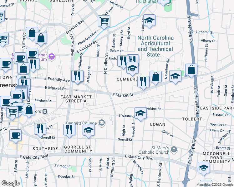 map of restaurants, bars, coffee shops, grocery stores, and more near in Greensboro