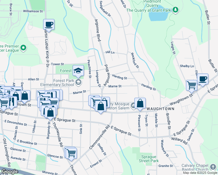 map of restaurants, bars, coffee shops, grocery stores, and more near 1316 Marne Street in Winston-Salem