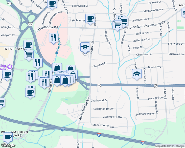 map of restaurants, bars, coffee shops, grocery stores, and more near in Winston-Salem