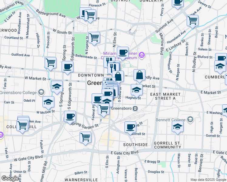 map of restaurants, bars, coffee shops, grocery stores, and more near 112 East Market Street in Greensboro