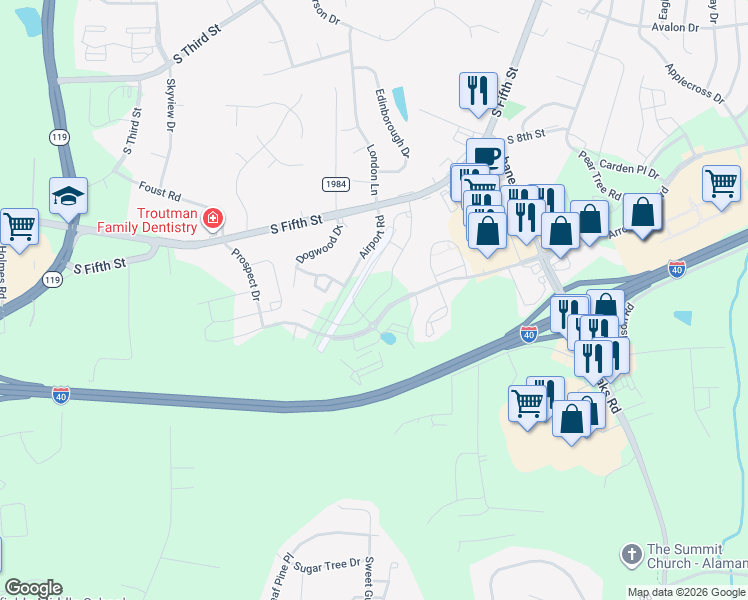 map of restaurants, bars, coffee shops, grocery stores, and more near 1032 Mebane Airport Road in Mebane