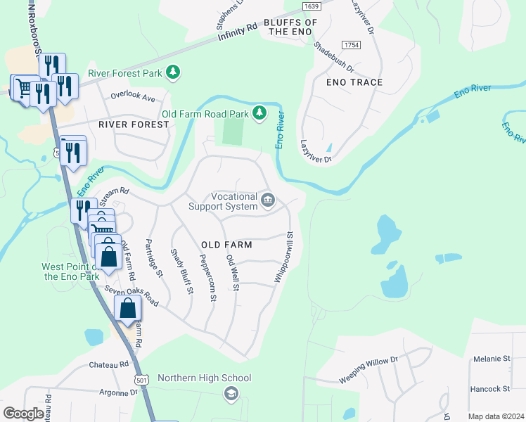 map of restaurants, bars, coffee shops, grocery stores, and more near 709 Wheat Mill Road in Durham