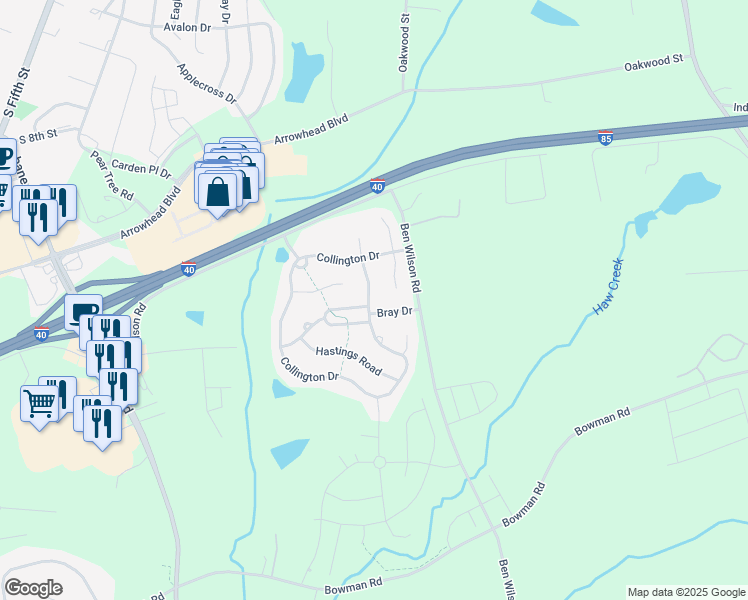 map of restaurants, bars, coffee shops, grocery stores, and more near 1002 Collington Drive in Mebane
