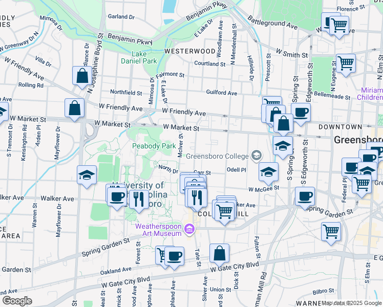 map of restaurants, bars, coffee shops, grocery stores, and more near 130 Tate Street in Greensboro