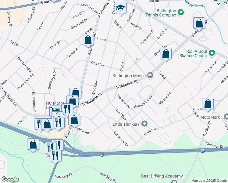 map of restaurants, bars, coffee shops, grocery stores, and more near Trail 1 in Burlington