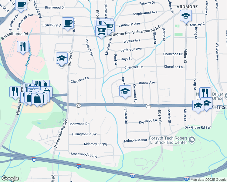 map of restaurants, bars, coffee shops, grocery stores, and more near 1415 Chelsea Street in Winston-Salem