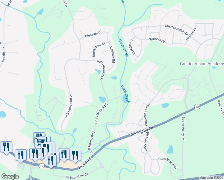 map of restaurants, bars, coffee shops, grocery stores, and more near 805 Haddington Court North in Whitsett