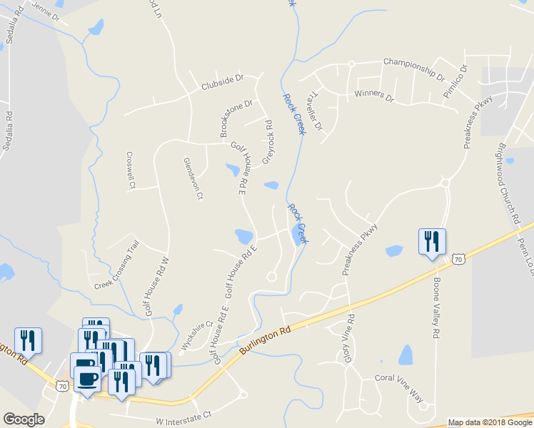 map of restaurants, bars, coffee shops, grocery stores, and more near 805 Haddington Court North in Whitsett