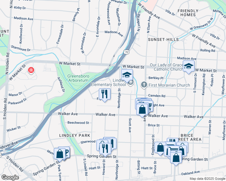 map of restaurants, bars, coffee shops, grocery stores, and more near 117 Berkshire Street in Greensboro