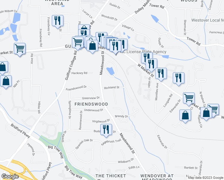 map of restaurants, bars, coffee shops, grocery stores, and more near 5609 Richland Street in Greensboro