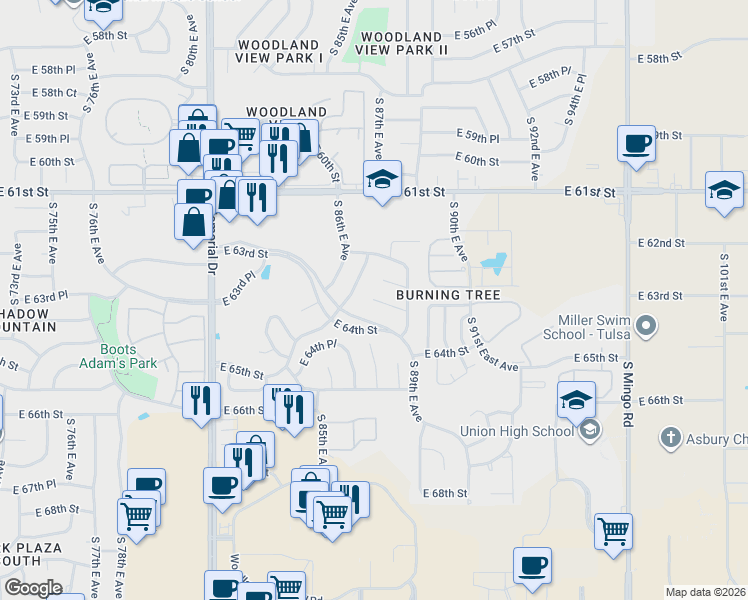 map of restaurants, bars, coffee shops, grocery stores, and more near 6235 South 87th East Avenue South in Tulsa
