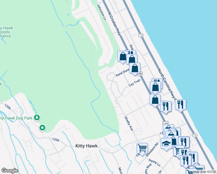 map of restaurants, bars, coffee shops, grocery stores, and more near 2806 Seahorse Court in Kitty Hawk