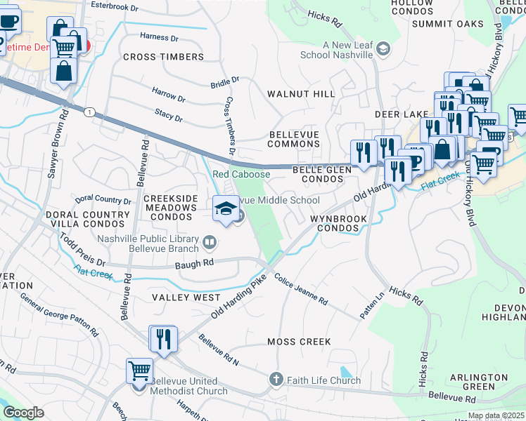 map of restaurants, bars, coffee shops, grocery stores, and more near Highway 70 South in Nashville