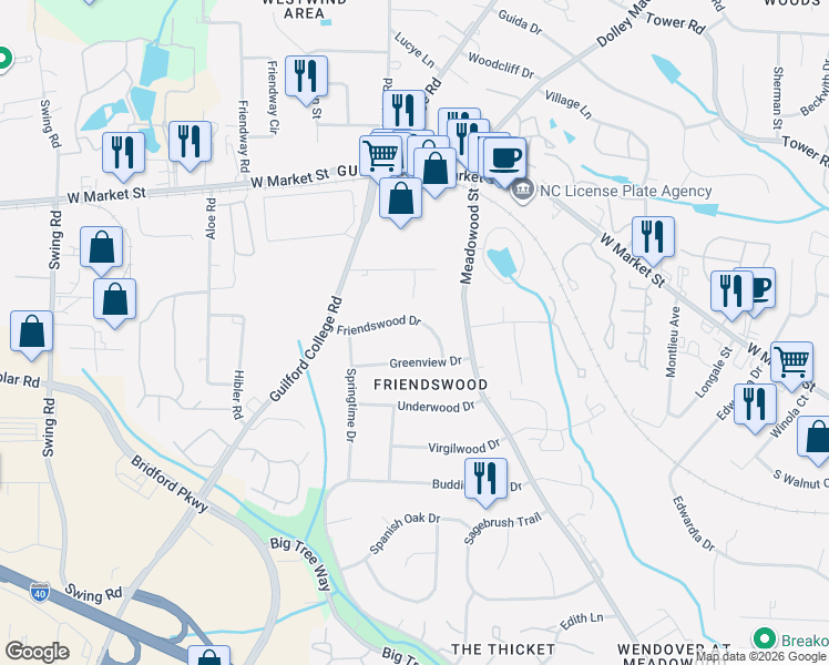 map of restaurants, bars, coffee shops, grocery stores, and more near 5707 Friendswood Drive in Greensboro
