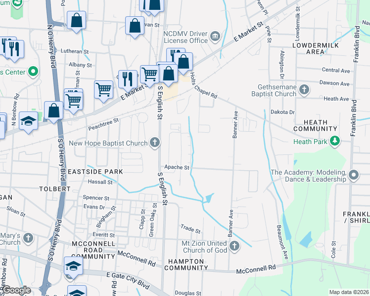 map of restaurants, bars, coffee shops, grocery stores, and more near 307 Avalon Road in Greensboro