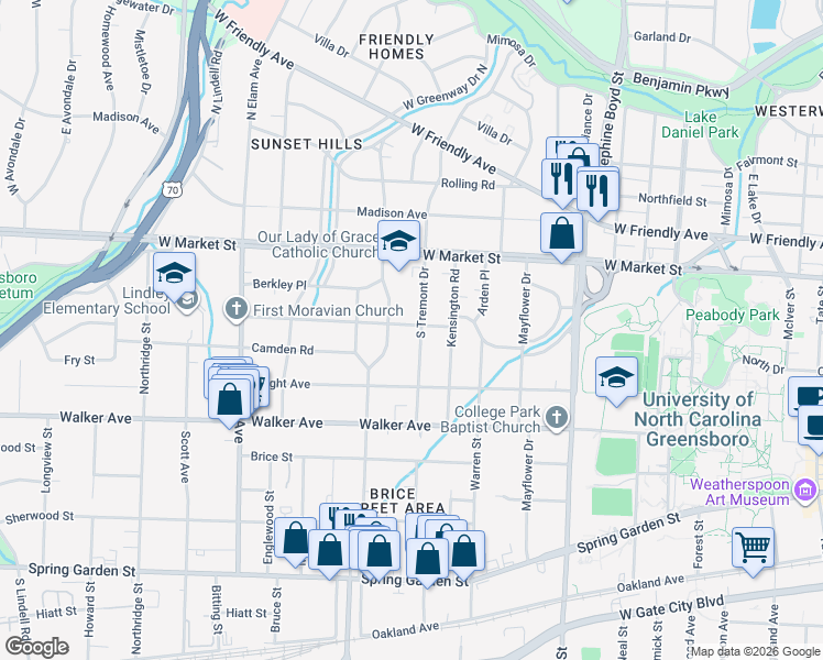map of restaurants, bars, coffee shops, grocery stores, and more near 114 South Tremont Drive in Greensboro