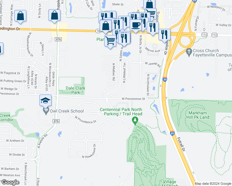 map of restaurants, bars, coffee shops, grocery stores, and more near 544 North Salem Road in Fayetteville