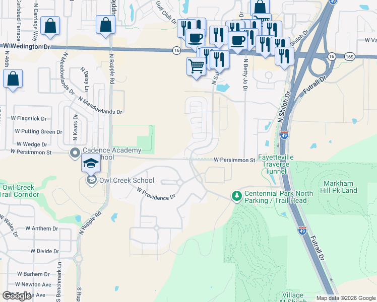 map of restaurants, bars, coffee shops, grocery stores, and more near 533 North Salem Road in Fayetteville