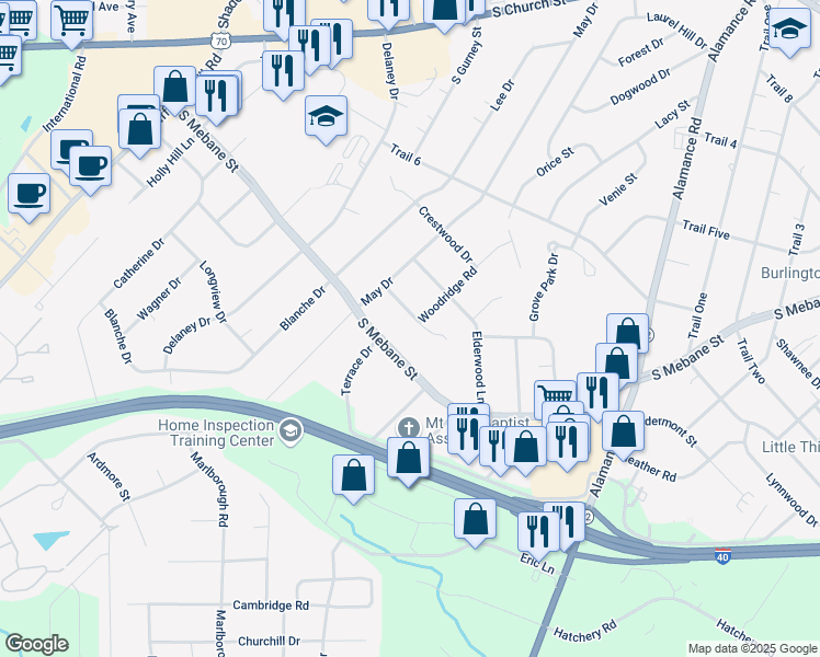 map of restaurants, bars, coffee shops, grocery stores, and more near 2709 Sumac Lane in Burlington