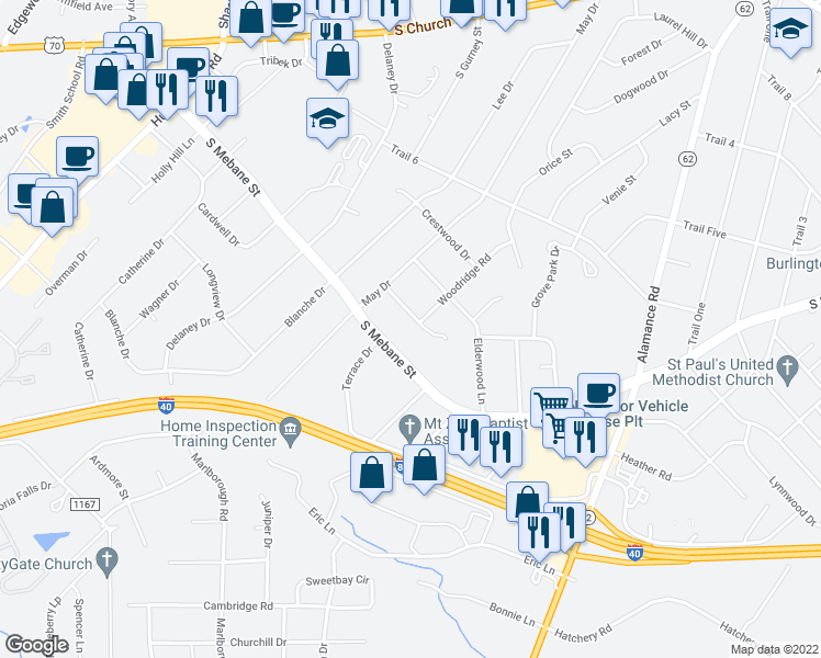map of restaurants, bars, coffee shops, grocery stores, and more near 2609 Sumac Lane in Burlington
