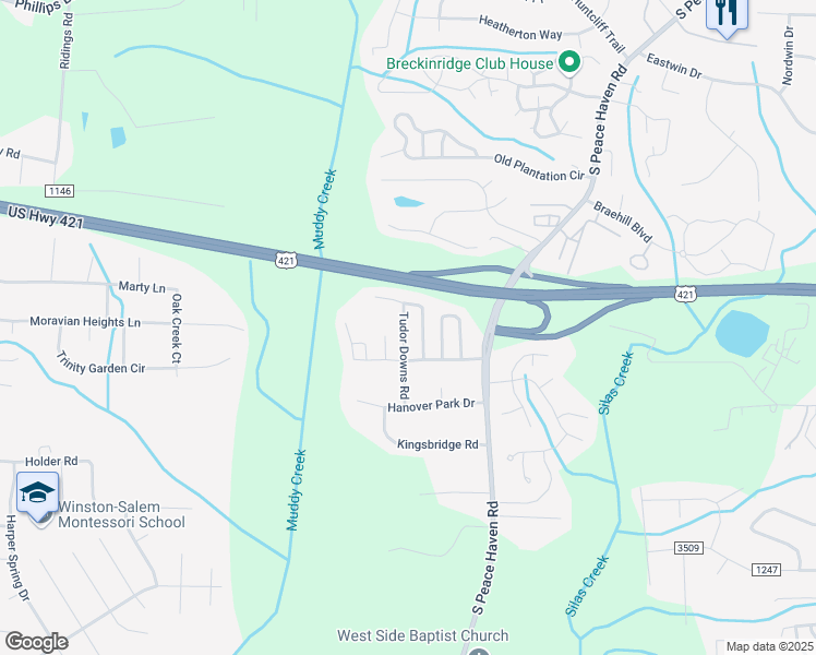 map of restaurants, bars, coffee shops, grocery stores, and more near 149 Tudor Downs Road in Winston-Salem