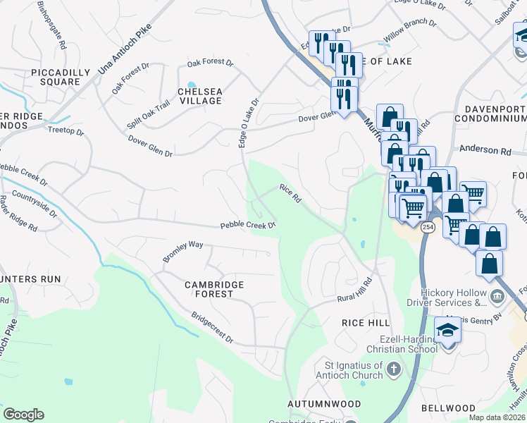 map of restaurants, bars, coffee shops, grocery stores, and more near 5196 Pebble Creek Drive in Nashville