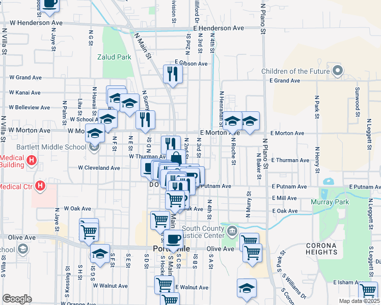 map of restaurants, bars, coffee shops, grocery stores, and more near 349 N 3rd St in Porterville