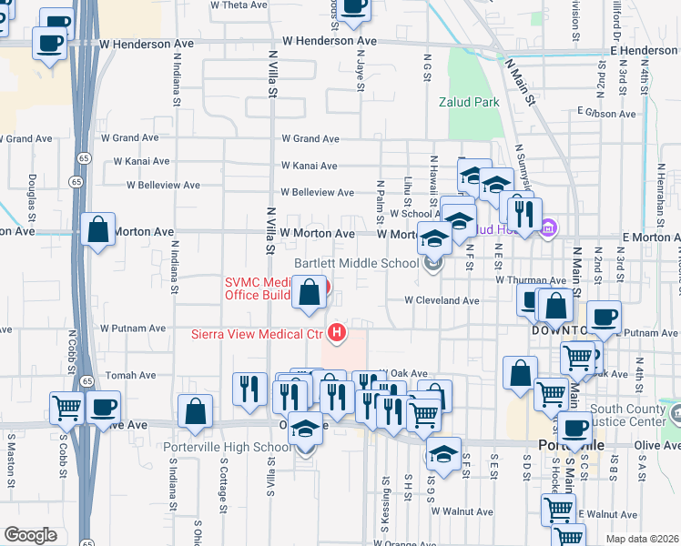 map of restaurants, bars, coffee shops, grocery stores, and more near 345 Pearson Drive in Porterville