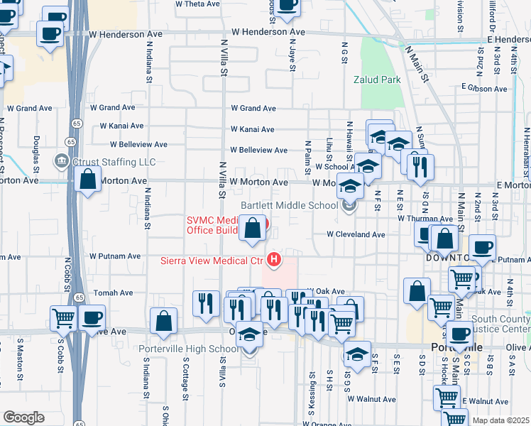 map of restaurants, bars, coffee shops, grocery stores, and more near 345 Pearson Drive in Porterville