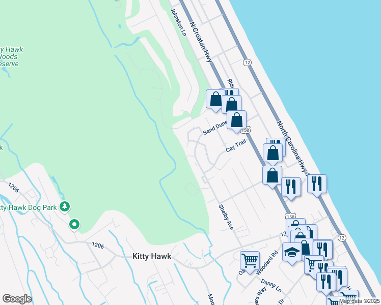 map of restaurants, bars, coffee shops, grocery stores, and more near 2703 Neptune Way in Kitty Hawk