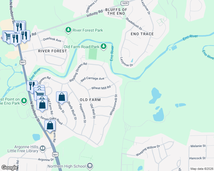 map of restaurants, bars, coffee shops, grocery stores, and more near 716 Red Carriage Avenue in Durham
