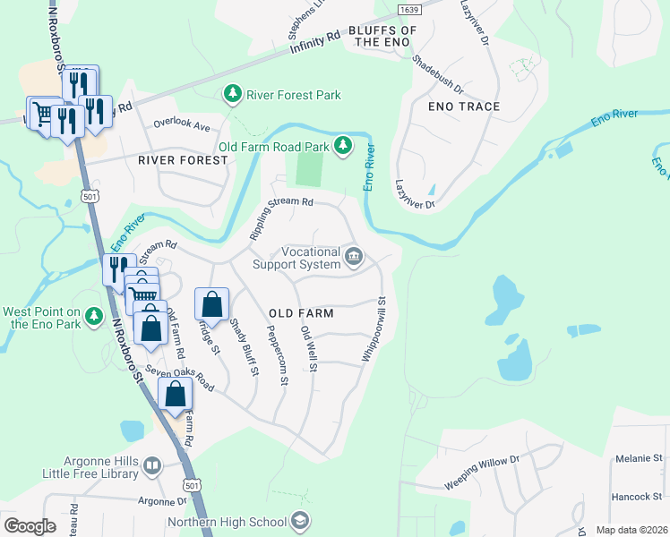 map of restaurants, bars, coffee shops, grocery stores, and more near 716 Red Carriage Avenue in Durham