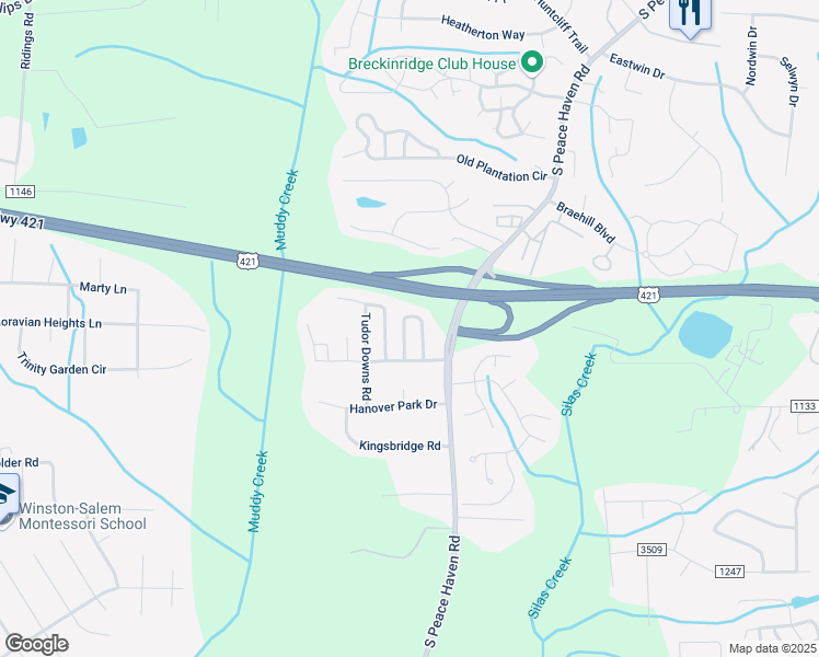 map of restaurants, bars, coffee shops, grocery stores, and more near 172 Cameron Way Circle in Winston-Salem